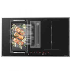 GASLAND IH904BFRB Plaque à induction encastrable 90 cm avec hotte intégrée, 4 zones de cuisson avec cadre en acier inoxydable, 2 zones flexibles, fonction PowerBoost, 7400W (sans plaque de gril) (JAL Europe, neuf)