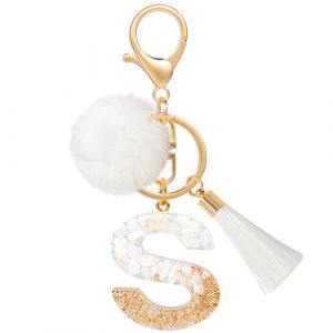 MWOOT Porte Clé Lettre S Peluche Tassel, Initial Keychain Résine Or Blanc Personnalisé Porte Clef Lettre Décoratif Pendentif, Porte Clef Kawaii Voiture Charm, Idee Cadeau D'Anniversaire pour Femme(S) (vetpw, neuf)