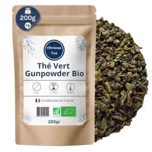 Th&eacute; Vert Gunpowder Bio - Th&eacute; Vegan en Vrac Riche en Caf&eacute;ine, 100% Naturel, Sans OGM - Agriculture Biologique - Conditionn&eacute; en France - Sachet 200 gr (100 Tasses) (Obvious Tea, neuf)