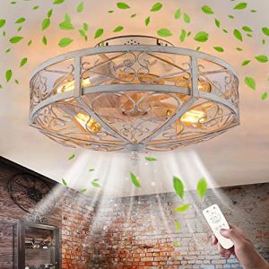 TRUYOK R&eacute;tro Ventilateur Plafond avec &Eacute;clairage et T&eacute;l&eacute;commande Silencieux Fan Plafonnier E27 Industriel Ventilateur de Luminaire cage en m&eacute;tal lampe de plafond pour Salon Restaurant Chambre (Raellen, neuf)