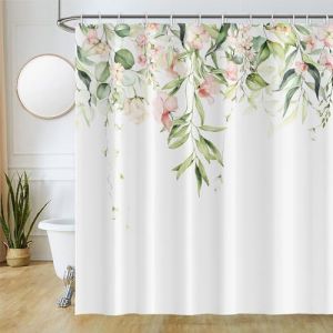 Uiiooazy Rideau Douche Fleuri Rose, Rideau de Douche Feuilles d'eucalyptus Vert Rideau de Baignoire Anti Moisissure Imperméable Tissu Polyester Lavable Rideau Salle de Bain avec 12 Crochets 200x180cm (dongguibinjingpinxiaodianpu, neuf)