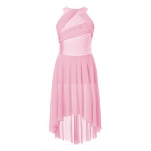Miutii Robe de danse lyrique &agrave; paillettes pour enfant fille - Robe de patinage artistique avec jupe asym&eacute;trique - Robe de danse contemporaine et moderne, Rose, 146-152 (Miutii, neuf)