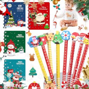 Truee 24 Pi&egrave;ces Crayons de No&euml;l en Bois Avec Gomme, No&euml;l Hb Crayons Avec Gomme Papeterie Ensemble，et 4 Pi&egrave;ces Mini Bloc-Notes, Style HB Fantaisie, sac de f&ecirc;te pour enfants, cadeau de f&ecirc;te (style al&eacute;a (Basetousual, neuf)