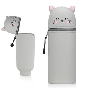 Kawaii - Trousse Scolaire 2 en 1 - en Silicone - Porte-Crayon en Forme d'animal - Convient pour garçons et Filles (Chat Gris) (SmlperDirect-fr, neuf)