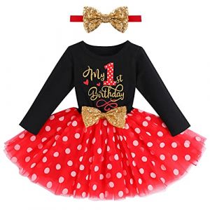 Enfant B&eacute;b&eacute;s Filles Mon 1er Anniversaire Robe Princesse Coton Manche Longue 1 an F&ecirc;te V&ecirc;tements Premier Anniversaire Soir&eacute;e Pois Tulle Jupe Noeud d'or Bandeau Photographie Tenue Noir Rouge Pois 1 an (FYMNSI store, neuf)