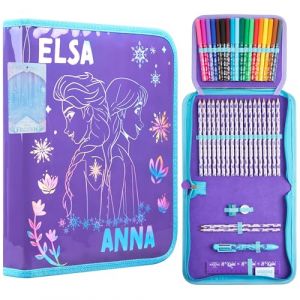 Disney Stitch Trousse Scolaire Fille Garnie de Fournitures Scolaires, Grande Trousse de Coloriage Frozen, Crayons de Couleur, Feutres, Idée Cadeau (Violet Frozen 1 Compartiment) (Get Trend., neuf)