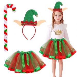Noël Déguisement Lutin pour Enfant, 3pcs Elfe Costume Noel Fille avec Tutu Jupe Serre Tete Cannes de Bonbon, Costume d'Elfe de Noël, Deguisement Elfe Noel Fille pour Fête de Noel Carnaval Cosplay (Kangteni-EU, neuf)