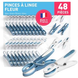 culiclean Pince a Linge Fleur – Pinces à Linge – Epingle a Linge – Fabriqué en France – 80mm x 15mm – Bleu-Blanc/Blanc-Bleu – Lot de 48 Pièces (ISC Brands, neuf)