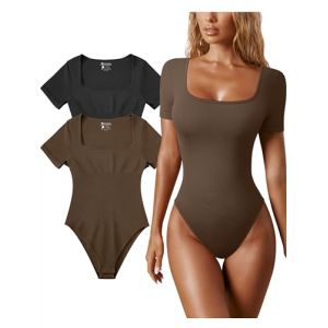 OQQ 2 Pièces Bodys pour Femme Col Carré Manche Courte Body Basique Côtelé Sans Couture Bodysuit Noir Café (OQQ FR, neuf)