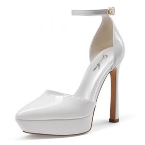 GENSHUO Talons Hauts à Plateforme pour Femmes Escarpins Sexy à Talons Aiguilles de 12 CM/4.72 Pouces Chaussures à Talons à Bride de Cheville et à Bout Fermé pour la Fête, Blanc Cassé 36EU (angelilazhou, neuf)