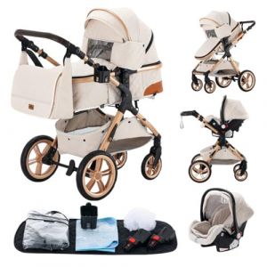 GLOKID Poussette 3 en 1，Poussette Canne，Trio，Avec Siège Accessoires，Adaptateurs Universels，Landau Bébé jusqu'à 25 kg，4 roues avec amortisseurs，Nacelle，Grandes Roues，pliage d'un clic (XX1 Crème) (EUCHILDREN, neuf)
