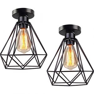 iDEGU Lot de 2 Plafonnier Industrielle en M&eacute;tal Cage Noir Vintage Lustre Abat-jour Fer R&eacute;tro Lampe de Plafond E27 Luminaire d'eclairage pour Salon Chambre Caf&eacute; Bar Restaurent (Noir 20cm) (IDEGU, neuf)