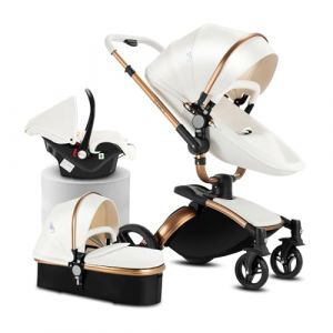 Reenborn Cuir PU Poussette 3 en 1, Poussette Bebe avec Siège Réglable Rotation à 360°, Pousette avec Cadre Aluminium Haute Paysage, Pousette 3 en 1 avec Conception Pliable en Un Clic (906 White) (huangzhongguig, neuf)