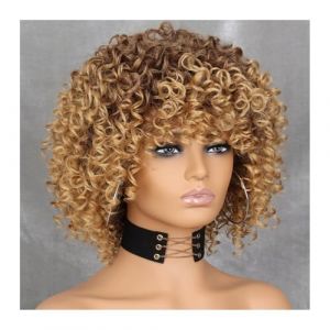 Perruques Perruque Afro Blonde Bouclée Avec Frange Perruques Longueur Épaule Perruques Afro Perruque Synthétique Bouclée Complète for Femmes Perruques pour Femmes (zuwanguk, neuf)