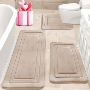 Wlian Lot de 3 tapis de bain en mousse &agrave; m&eacute;moire de forme antid&eacute;rapants, absorbants, imperm&eacute;ables, doux pour le bain et la toilette, doux (beige 120 x 50 cm + U50 x 60 cm + 50 x 80 cm) (WlianJp, neuf)