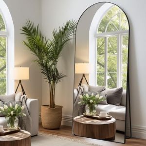 LunaMirror Miroir Intégral 179 x 65 cm Arqué Miroir sur Pied Grand Miroir À Poser au Sol pour Chambre à Coucher, Salon et entrée, Verre Trempé, Cadre en Alliage d’Aluminium Noir (LunaMirror, neuf)