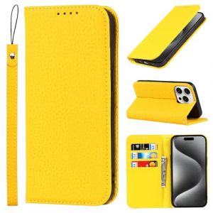 Cavor Coque iPhone 15 Pro Max avec Cordon,Etui iPhone 15 Pro Max,Flip Cuir v&eacute;ritable Portefeuille &Eacute;tui en Cuir,[4 Porte Cartes][Magnetique],Housse Etui pour iPhone 15 Pro Max - Jaune (Copmob, neuf)