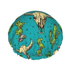 Bonnet de douche imprimé cactus et crâne de taureau mignon pour femme drôle - réutilisable | Bonnet de cheveux fantaisie pour le bain | Chapeau de couche (Qingchede77Stro, neuf)