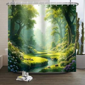 Xiaoterna Rideau de Douche Plantes Florales Rideau de Douche Vert Printemps Nature forêt Grands Arbres Verts Fleur épanouie Ruisseau Rideau de Douche imperméable à la Nature 120x200cm (Xiaoterna Store, neuf)