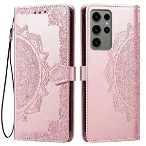 HONLEN Coque pour Samsung Galaxy S23 Ultra Etui, (6.8" inches) Premium PU Cuir Portefeuille Magn&eacute;tique Flip Case, 3 Porte-Cartes en B&eacute;quille Cover Or Rose (HONLEN, neuf)