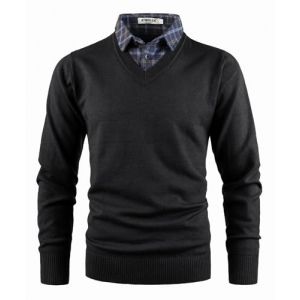 KTWOLEN Pull Homme avec Faux col de Chemise Automne Hiver Pull col Chemise &agrave; Manches Longues Pull en Tricot avec col en V, Noir, XL (KTWOLEN, neuf)