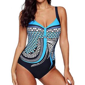 Yuson Girl Femme Elégant Sexy Été Maillot De Bain Vintage 1 Pièce Taille Haute Monokini Amincissant Imprimé Dos Nu avec Bra Push Up Rembourré Monokini Ventre Plat Géométrique Straps African,Bleu,M (YusonGirl, neuf)