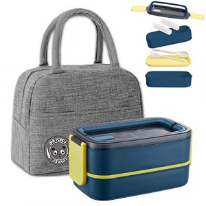 Haoh Bento Lunch Box Kit,1400 ml Double Couche Boite Repas avec Couverts et Sac Isotherme Repas, Herm&eacute;tique Bo&icirc;tes Bento pour Pique-Nique, Travail, Go&ucirc;ter, Bento Box pour Micro Ondes(Bleu Fonc&eacute; (WELLBINGDIJSID LIMITED, neuf)