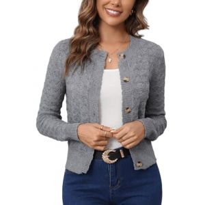 Boléro Femme Cardigan Court Évidée Gilet Veste Tricot Bouton Manches Longues pour Robe T Shirt Bretelle Chic Elégante Soirée Fête Décontracté Rétro Gris XL (Enjyam, neuf)