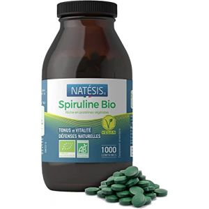 NATESIS - Spiruline Bio - Sport, Contr&ocirc;le du poids, &eacute;nergie, immunit&eacute; - Haute Concentration en Prot&eacute;ines V&eacute;g&eacute;tales - 1000 comprim&eacute;s - Vegan - Phycocyanine 17% - 500 g (Nat&eacute;sis, neuf)