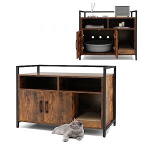 GYMAX Meuble Cache Litière Chat Grand en Bois, avec Griffoir Détachable, Maison de Toilette avec 2 Étagères Rangement Ouvertes, Maison Bon Ventilation et Anti-basculement pour Chat(Café) (GYMAX EU, neuf)