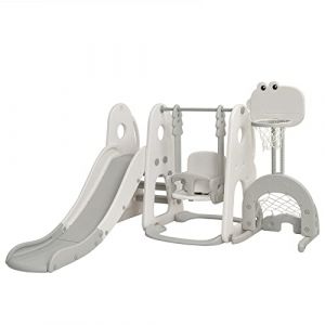 DREAMADE Toboggan et Balançoire pour Enfants 18+ Mois avec Panier de Basketball, Football, Golf, Aire de Jeux en Forme de Dinosaure, pour Intérieure/Extérieure (Gris Blanc) (DREAMADE, neuf)