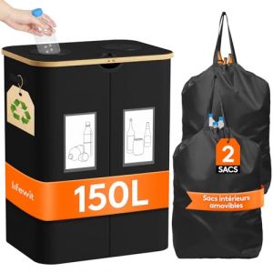 Lifewit Collecteur de Bouteilles avec Couvercle 2 Compartiment 150L, Poubelle Tri Selectif pour Plastique, Bouteilles Verre, Poubelle Exterieur de Recyclage avec Trou, Cuisine Rangement, Noir (Lifewit Home FR, neuf)