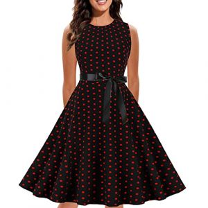 Robe Vintage AnnéEs 50 Pin Up Femme à Pois Vintage Rétro Imprimée à Pois Mi Longue Elégante Style 1950's Audrey Hepburn Robe de Soirée Cocktail sans Manches Rockabilly Année 50 Swing Plissée (Anglekie, neuf)