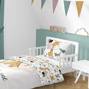 Parure de lit pour enfant - 100 x 135 cm - 40 x 60 cm - En 100 % coton - Animaux du zoo - Safari Girafe - Pour fille et garçon - Parure de lit pour bébé (girafe) (Bettwäsche MTOnlinehandel, neuf)