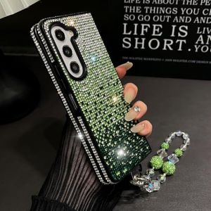Szakdws Coque de protection &agrave; paillettes pour Samsung Galaxy Z Fold 3 5G avec cha&icirc;ne de perles bling-bling, strass scintillants, pour femme et fille, avec dragonne pour Galaxy Z Fold 3 (vert) (Shinyzone, neuf)