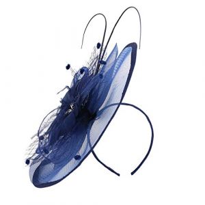 Serre-tête bibi rond en sinamay avec fleur en ruban et plumes - Style rétro - Couleur unie - Élégant filet en maille - Pour mariage - Bleu marine - Taille unique (fhjvbt, neuf)