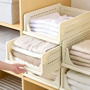 RMAN Lot de 3 Rangement Vetement Empilable Organisateur Armoire Vetement Plastique Boite de Rangement Tiroir Coulissant pour Placard, Cuisine, Salle de Bain, Chambre &agrave; Coucher - Beige (RMAN, neuf)