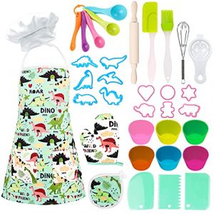 STAY GENT Ensemble De Chef pour Enfants 35 Pièces, Kit de Cuisine Ensemble De Cuisine Et De Pâtisserie pour Enfants, Tablier De Dinosaure, Gants, Fouet, Jouet Cadeau pour Fille Garçon 3 4 5 6 7 8 Ans (Counting Mars World, neuf)