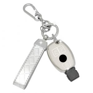 SparkleJoy Coque Cl&eacute; Voiture TPU avec Porte-Cl&eacute;s en Cuir,Etui Cl&eacute; &Eacute;tui Cl&eacute; Compatible avec Mercedes Benz A/B/C/E/G/R/S Klasse GLA GLC GLE GLK SLK CLA CLK AMG W203 W204 W211 W212 - Smart Key (Argent) (AutoVeloce Europe, neuf)
