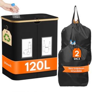Lifewit Collecteur de Bouteilles avec Couvercle 2 Compartiment 120L, Poubelle Tri Selectif pour Plastique, Bouteilles Verre, Poubelle Exterieur de Recyclage avec Trou, Cuisine Rangement, Noir (Lifewit Home FR, neuf)