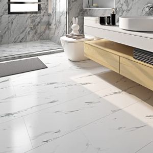FunStick 30X60CM 15 Dalles PVC Adhesives Sol Autocollant Mural Chambre Salon Marbre Blanc PVC Revêtement de Sol Adhésif Salle de Bain Imperméable Carrelage Adhesif Sol Blanc Effet Marbre pour Mur (Livelynine Euro, neuf)