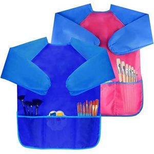 WitBicg Tablier Cuisine Enfant, 2 Pi&egrave;ces Tablier Peinture Convient Aux 2-8 Ans, Avec 3 Poches Poussi&egrave;re Et Peinture (Bleu + Rouge) (WitBicg-EU, neuf)