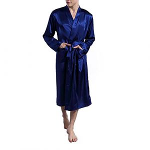 Peignoir léger et fin en satin pour homme - Robe d'été légère - Manches longues - Robe longue avec ceinture - Vêtement de nuit d'été - Pyjama en soie - Kimono - Cadeau pour homme, bleu, XL (Cy.betony, neuf)