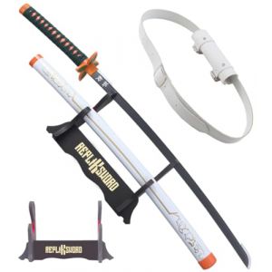 Demon Slayer Katana Shinobu en Bois Lame en Bois Katana Shinobu Kocho Epee en Bois Kimetsu No Yaiba Sabre White Edition + Presentoir en Bois Inclus + Ceinturon Porte Epee (Repliksword, neuf)