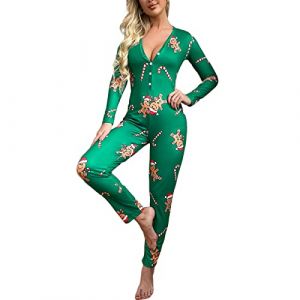 Loalirando Jumpsuit Femme Une Pièces à Manches Longues Vêtement de Nuit Pyjama Combinaison Pantalon Col V Sexy Tendance Cadeau Saint-Valentine Noël, Vert Noël, S (Biu-clothing, neuf)