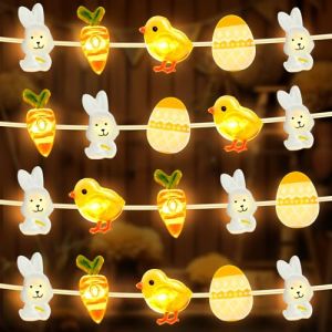 BOLWEO Guirlande lumineuse de P&acirc;ques - 2 m - 20 LED - Avec minuterie - Fonctionne avec piles - Avec &oelig;ufs de P&acirc;ques, poulet, lapin et carotte - Pour l'int&eacute;rieur et l'ext&eacute;rieur - Bricolage - F&ecirc;te de (BOLWEO-EU, neuf)