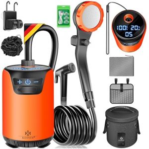 KESSER® Douche solaire de camping avec pompe et batterie rechargeable 8000 mAh | Kit de douche de camping avec pommeau de douche réglable, tuyau de 2 m, pistolet pulvérisateur, support et réservoir (WMK Trading GmbH, neuf)