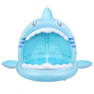 Piscine pour B&eacute;b&eacute;, Pataugeoire Gonflable Requin pour Jeunes Enfants avec Jet d'eau et Auvent, Aire de Jeux pour Int&eacute;rieur Ext&eacute;rieur Tente Piscine Pliable Bebe (FLYBOO, neuf)