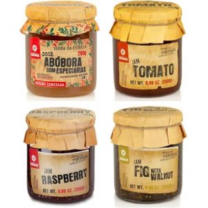 Sélection de Confitures Variées – Lot de 4 pots de 280 g – Saveurs Uniques : Potiron aux Épices, Tomate, Framboise, Figue aux Noix – Sans ingrédients artificiels. (Pure Brands Portugal, neuf)