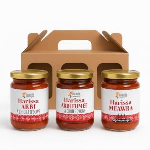 Coffret dégustation 3 différentes Harissas Traditionnelles Tunisiennes, 3 x 180 g, Piments Fumés, Harissa Arbi à l'huile d'olive, Harissa cuisson Vapeur (SOUK ORIENTAL, neuf)